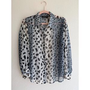 Vintage 90s Impressions Blue Snow Leopard Mother of Pearl Button Down Top size P